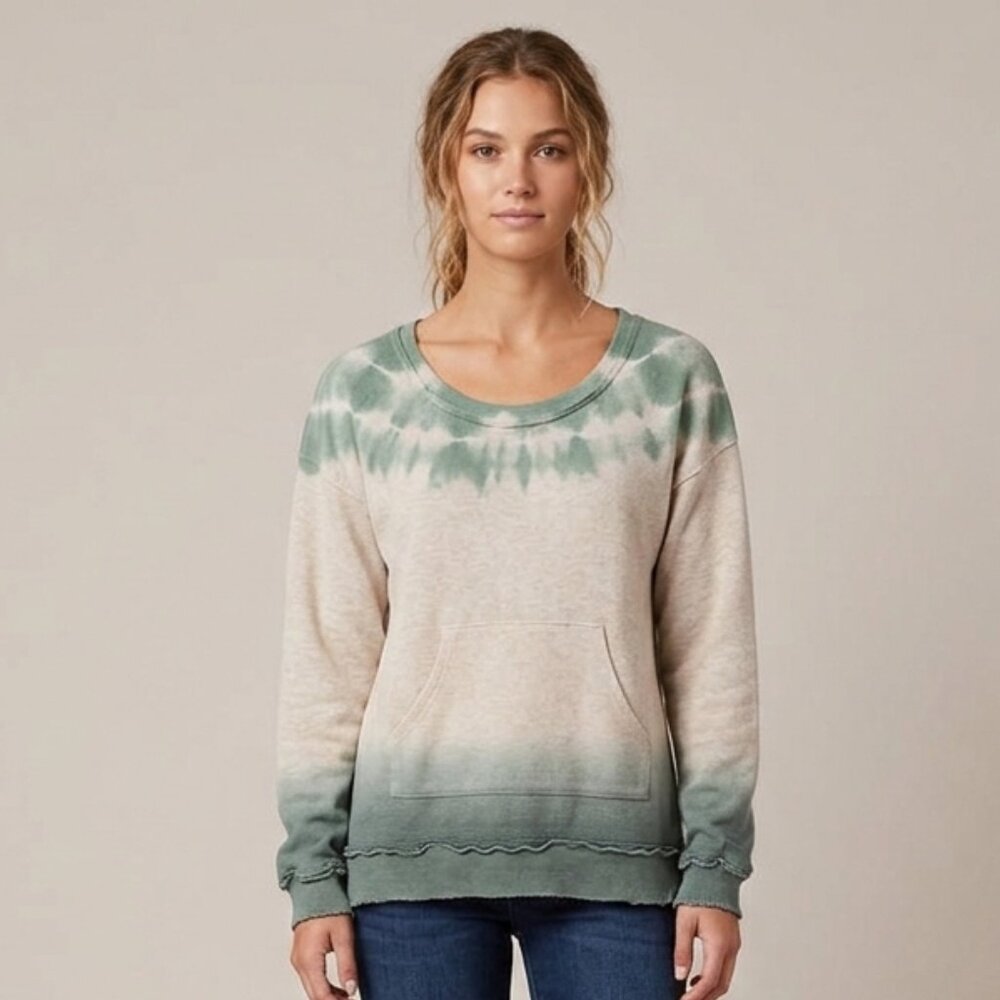 POL Green and Cream Tie-Dye Pullover Sweatshirt